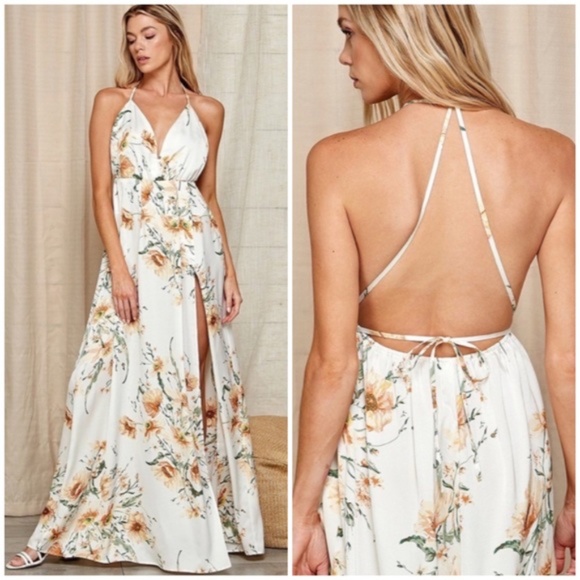 White Floral Print Halter Open Back Maxi Full Long Length Dress Gown W/ Slit - Picture 1 of 7